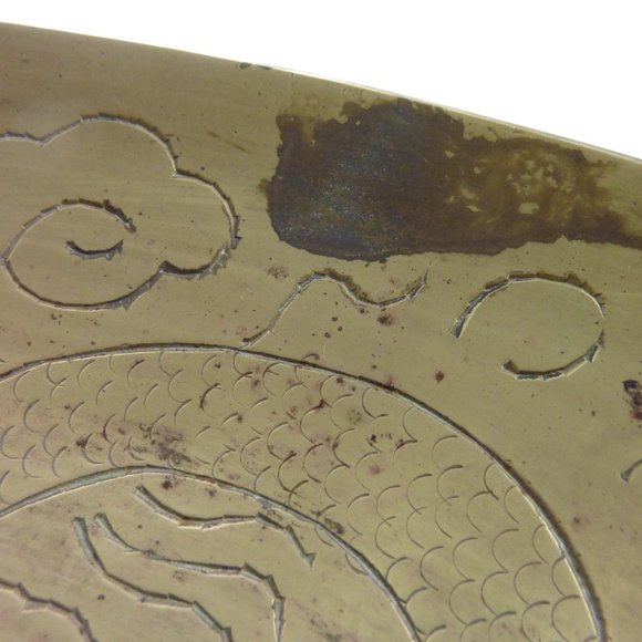 Vintage Chinese Carved Brass Bowl Dragons Good Luck & Fortune Serving Dish - Picture 7 of 7